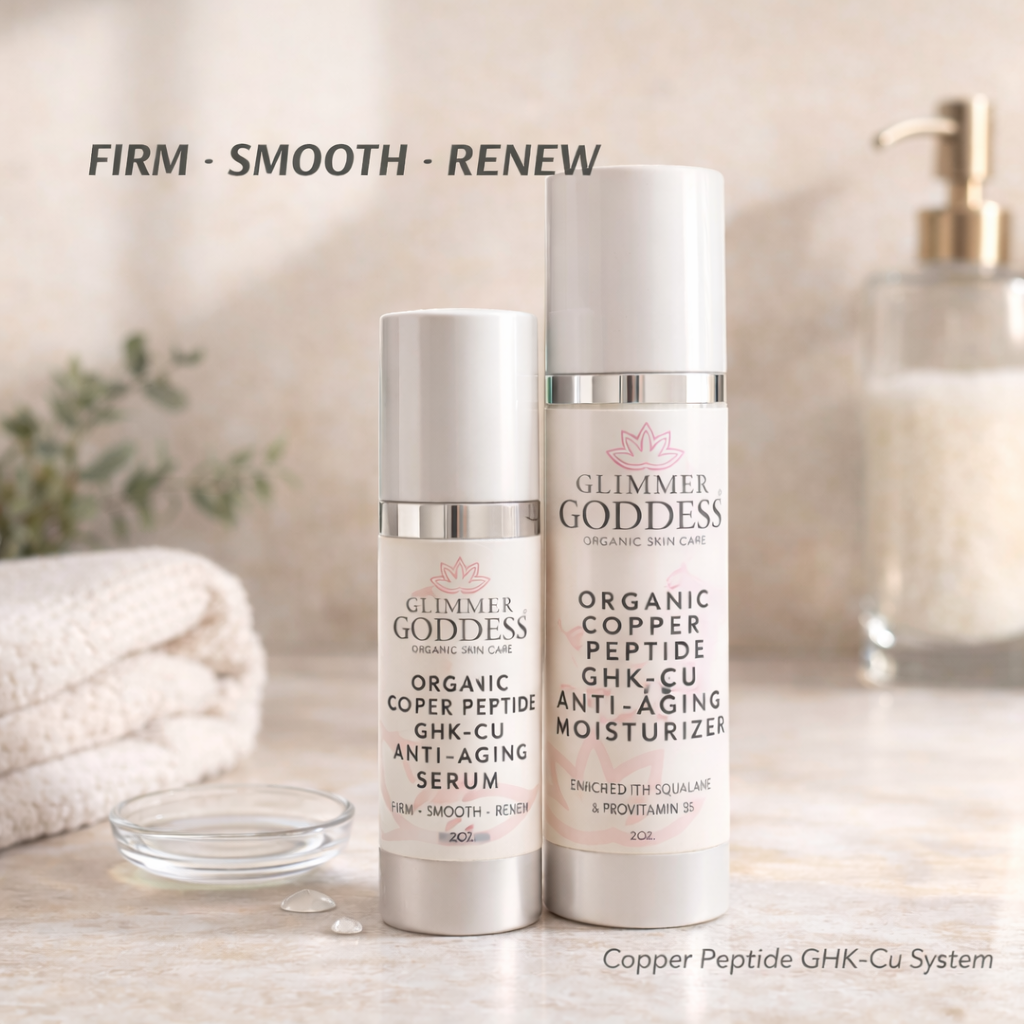 Copper Peptide GHK-Cu Serum and Anti-Aging Moisturizer displayed on a luxury vanity with soft natural light, showcasing firming, elasticity support, and deep hydration skincare system by Glimmer Goddess.