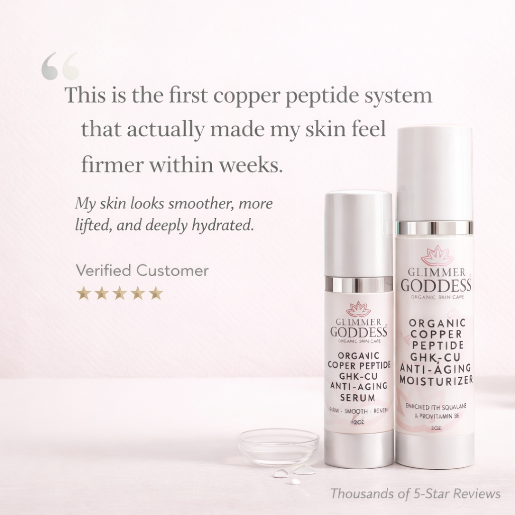 Customer testimonial image for Copper Peptide GHK-Cu Serum and Anti-Aging Moisturizer Duo highlighting firmer skin, improved elasticity, and deep hydration from Glimmer Goddess.