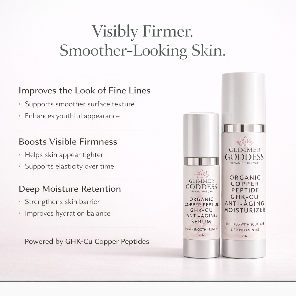 Copper Peptide GHK-Cu Serum and Anti-Aging Moisturizer highlighting visible firmness improvement, fine line reduction, and deep hydration support by Glimmer Goddess.