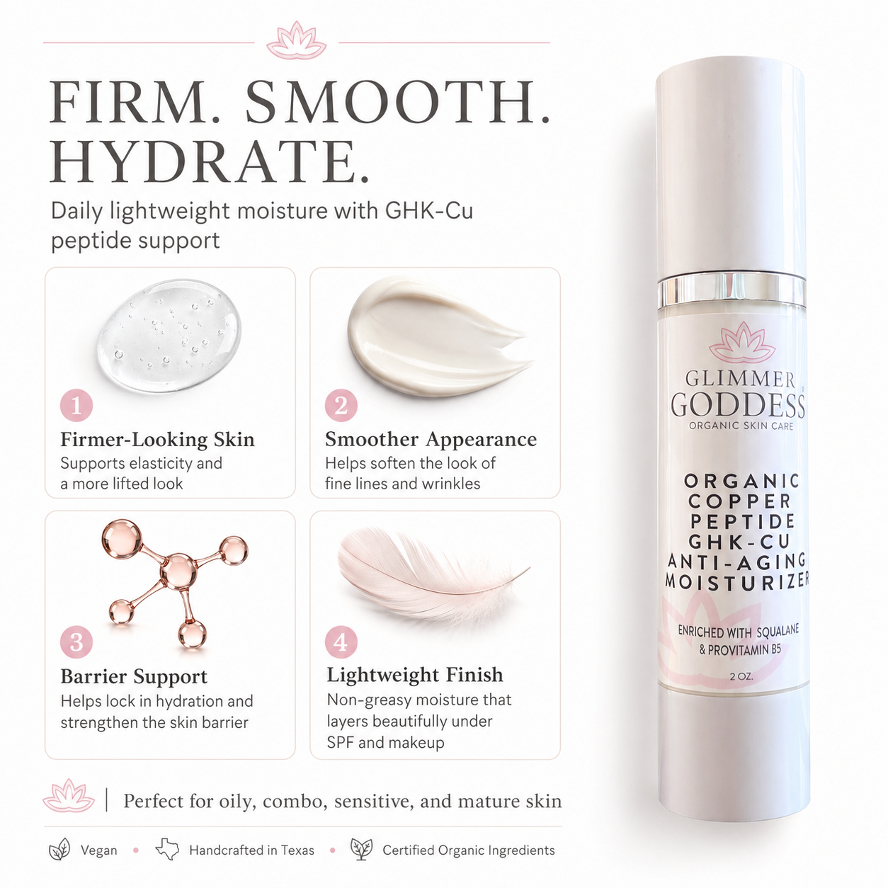Glimmer Goddess® Organic Copper Peptide Moisturizer in a jar, showing smooth, firming skincare with a natural, rich texture.
