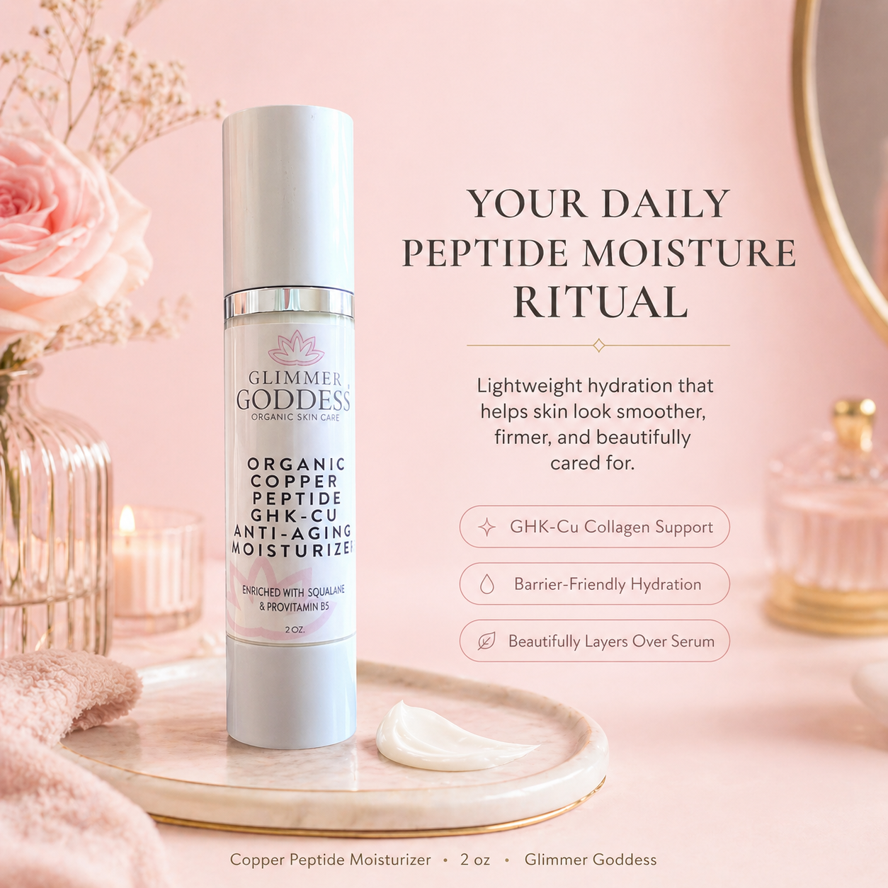 Organic Copper Peptide Moisturizer by Glimmer Goddess® Organic Skin Care, featuring a smooth, firming cream in a sleek jar.