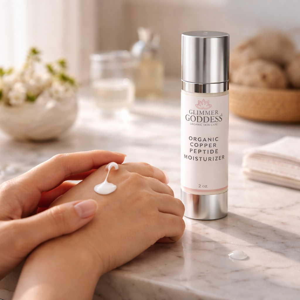 Lifestyle vanity scene showing Glimmer Goddess® Organic Copper Peptide Moisturizer in a 2 oz airless pump bottle being applied as part of a daily skincare routine. The lightweight moisturizer texture appears silky and fast-absorbing, highlighting copper peptides for skin repair and firming. Luxury clean beauty moisturizer photographed in a real bathroom setting with natural light.