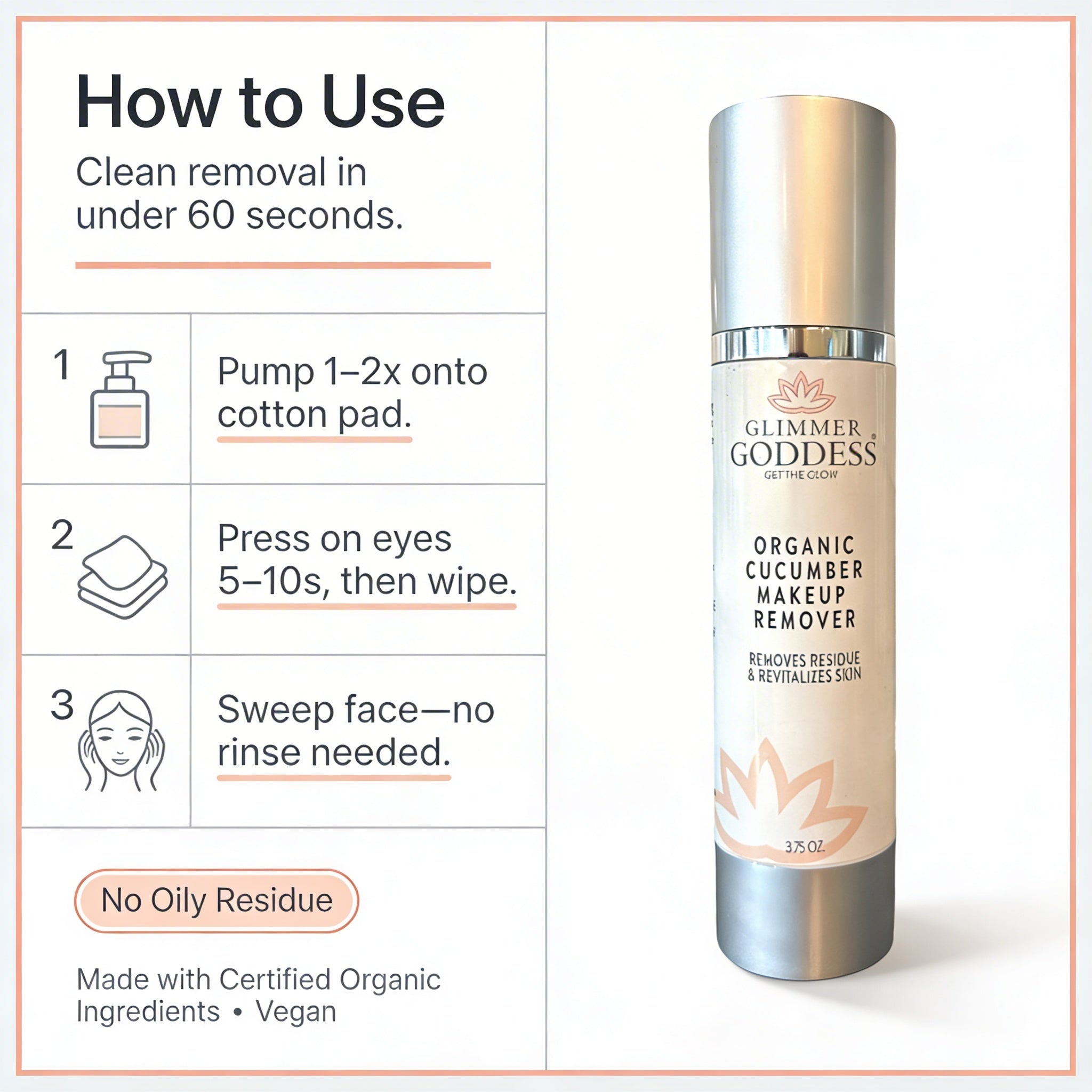 How-to-use infographic for Glimmer Goddess Organic Cucumber Makeup Remover 3.75 oz on a white background with peach and pink brand trim, showing three steps using a cotton pad to remove eye and face makeup with no oily residue, made with Certified Organic Ingredients and vegan.