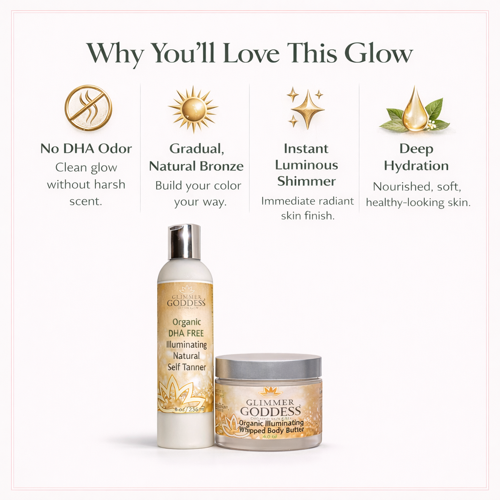 Benefits infographic for Glimmer Goddess DHA-Free Self Tan Lotion and Shimmering Whipped Bronze Body Butter highlighting no DHA odor, gradual bronze color, instant shimmer, and deep hydration.