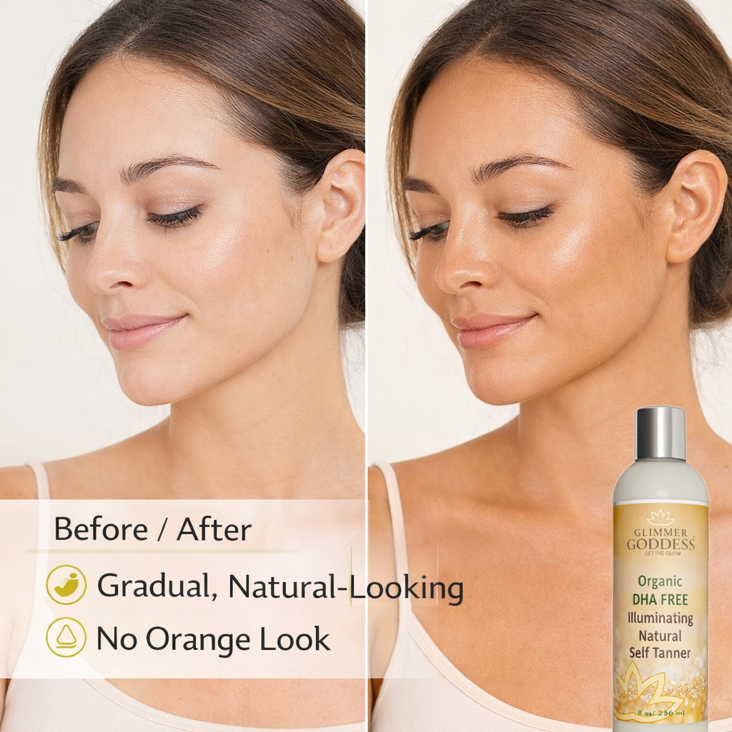 DHA-free self tanner lotion by Glimmer Goddess Organic Skin Care for sensitive skin, showing before and after skin tone enhancement.