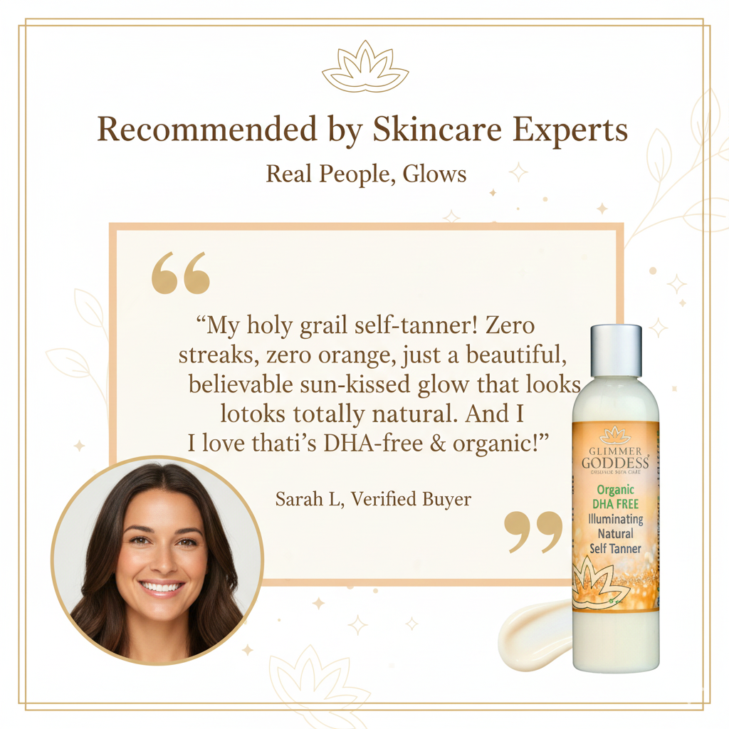 DHA-free self tanner by Glimmer Goddess Organic Skin Care applied smoothly on sensitive skin, showing a natural, even glow.