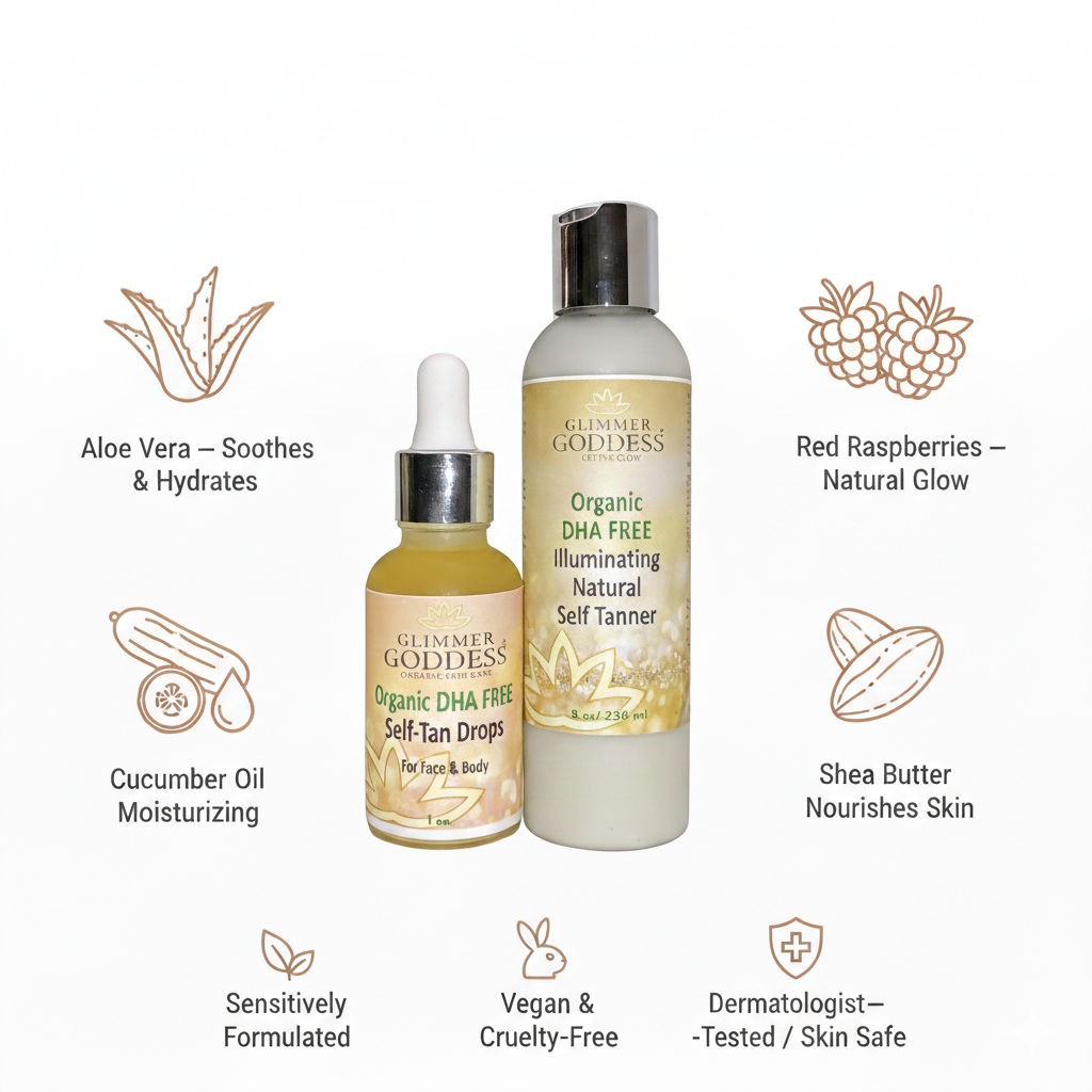 Glimmer Goddess® Organic Skin Care DHA-Free Self Tanner Bundle with lotion and drops for a natural, smell-free glow without orange tones.