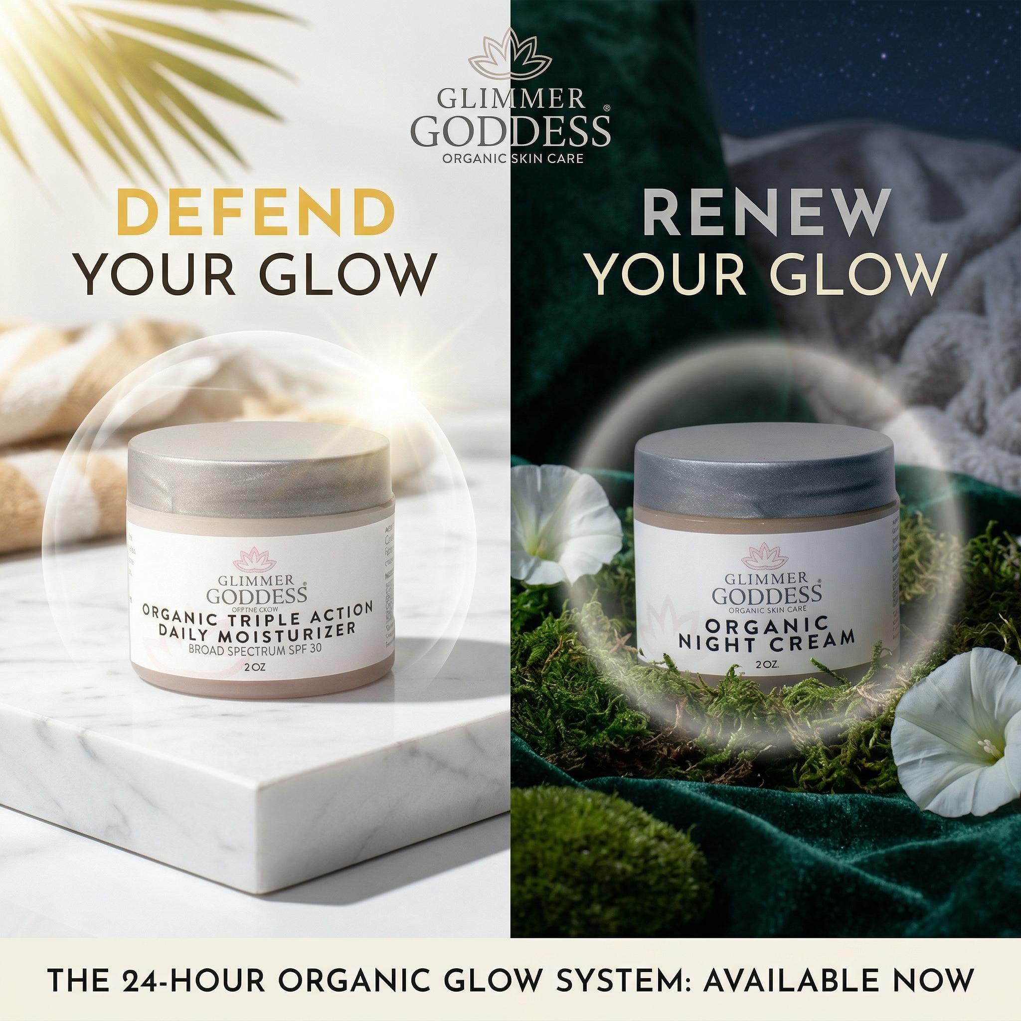 Organic Day & Night Duo – Triple Action SPF 30 Moisturizer + Skin Renewal Night Cream Bundle - Glimmer Goddess® Organic Skin Care