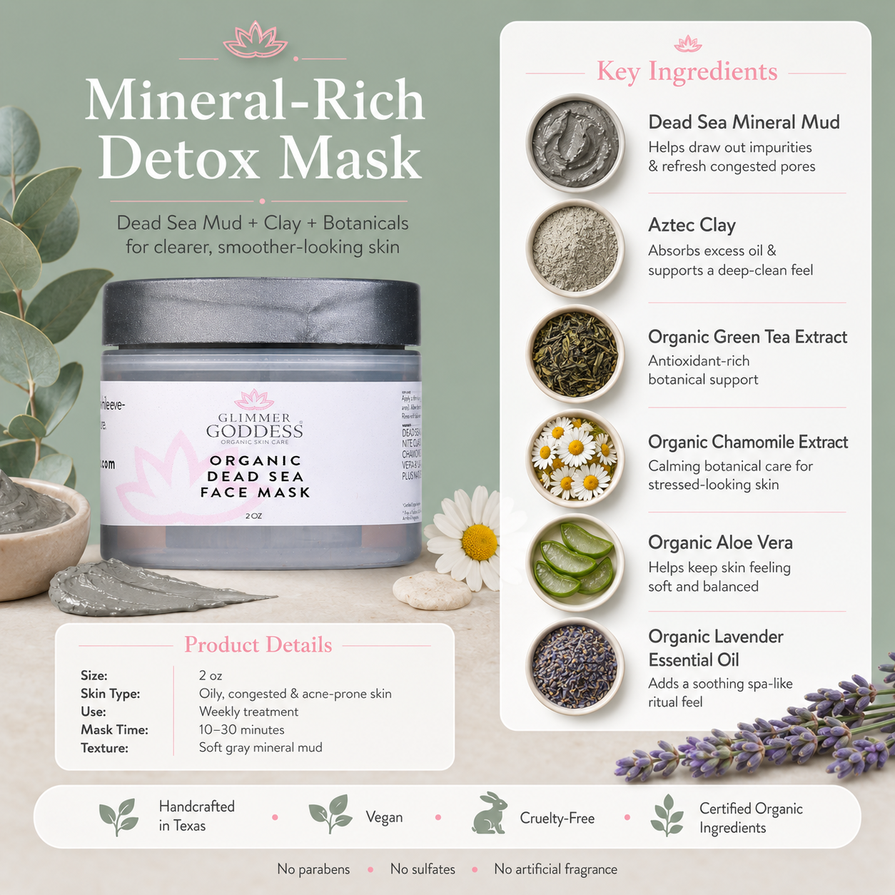 Organic Dead Sea Mud Mask by Glimmer Goddess® for exfoliating and rejuvenating skin, shown in a jar with natural mineral-rich mud.