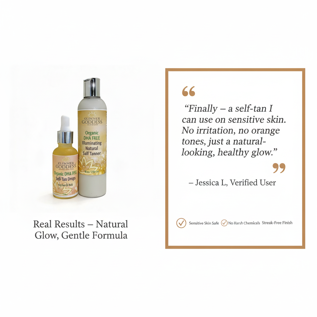 Glimmer Goddess Organic Skin Care DHA-Free Self Tanner bundle with lotion and drops for a natural, orange-free glow.