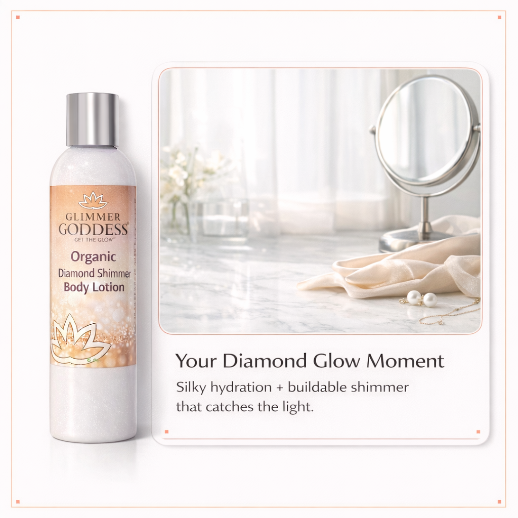 Glimmer Goddess® Organic Diamond Shimmer Body Lotion on a pure white background with subtle peach trim, paired with a luxury vanity lifestyle scene showing a bright marble surface, mirror, and minimal accessories, emphasizing silky hydration and buildable diamond shimmer glow.