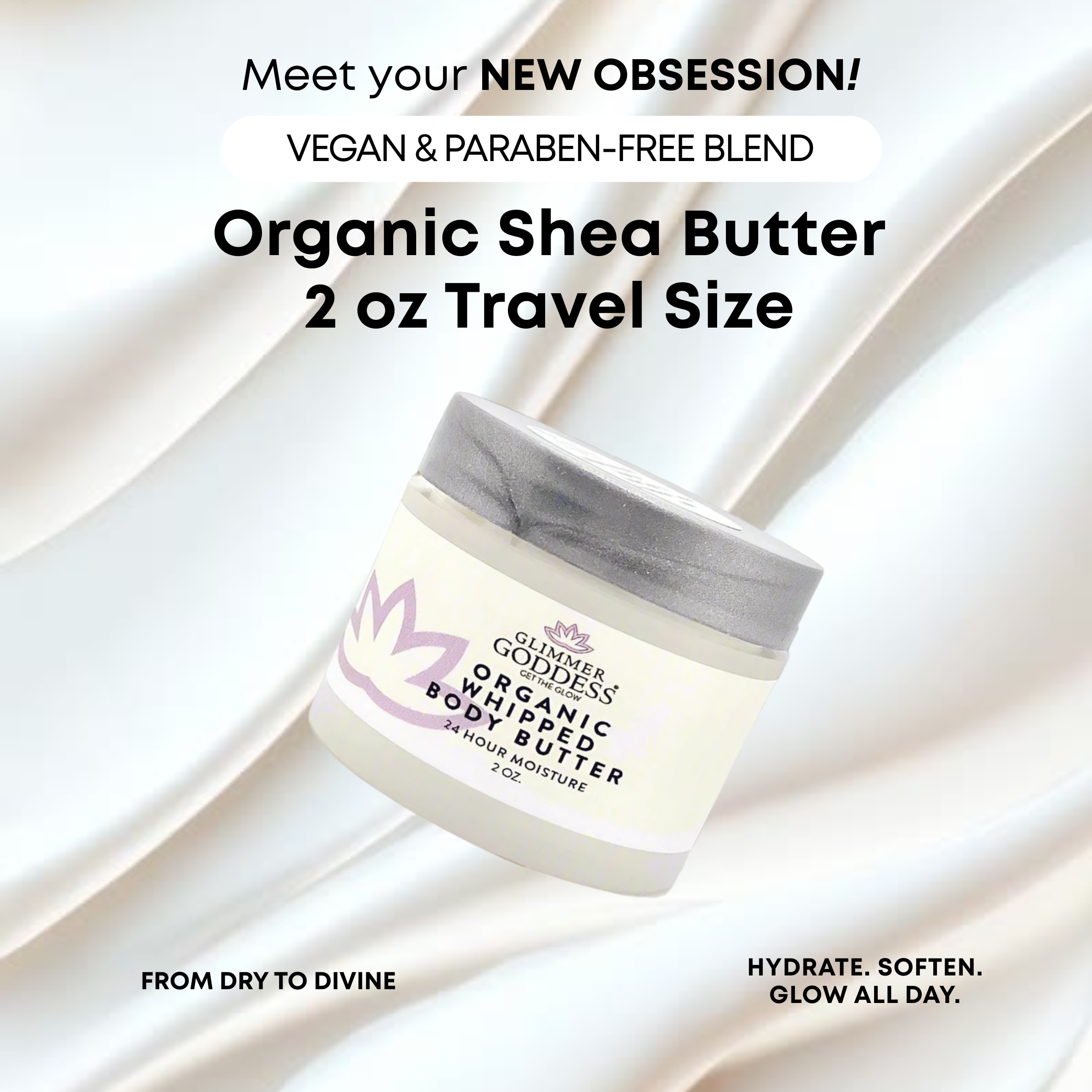 Organic Whipped Body Butter 2 oz travel size for dry skin and eczema relief - Glimmer Goddess® Organic Skin Care