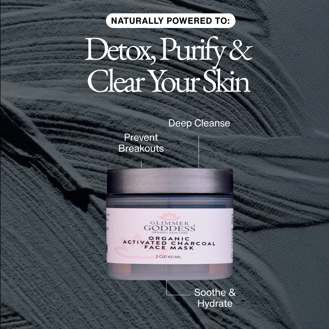 Activated Charcoal Acne Mask benefits: detoxifies pores, clears blackheads, purifies skin - Glimmer Goddess® Organic Skin Care