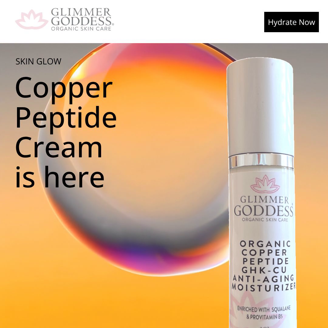 Glimmer Goddess organic skin care cream bottle with promotional text on a gradient background