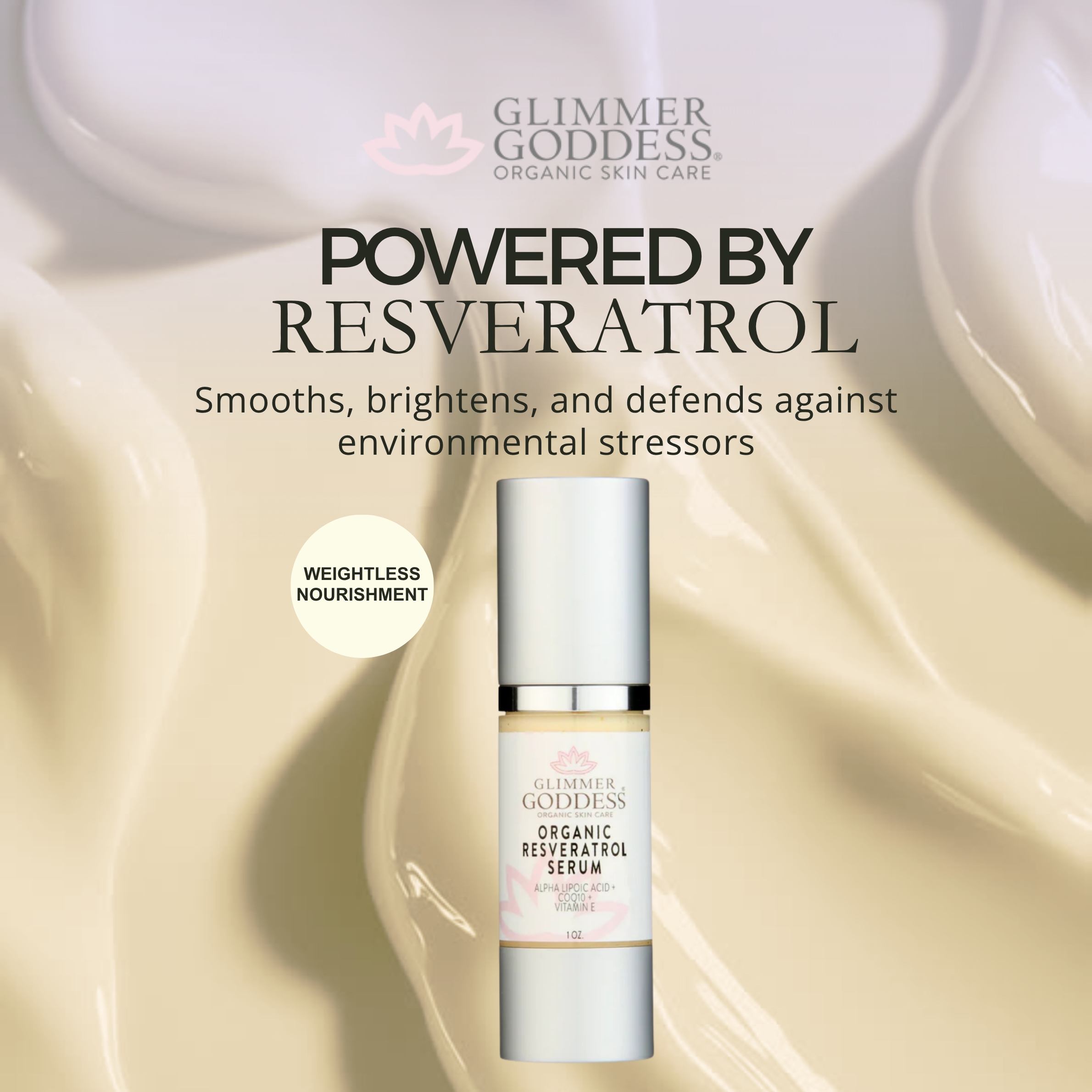 Resveratrol Instant Firming Serum benefits: smooths wrinkles, firms skin, boosts radiance - Glimmer Goddess® Organic Skin Care