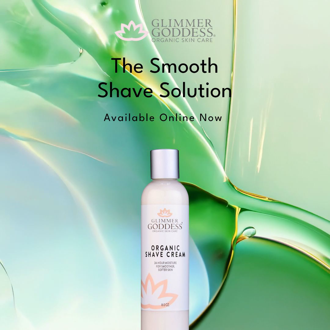 Glimmer Goddess organic shave cream bottle with green abstract background
