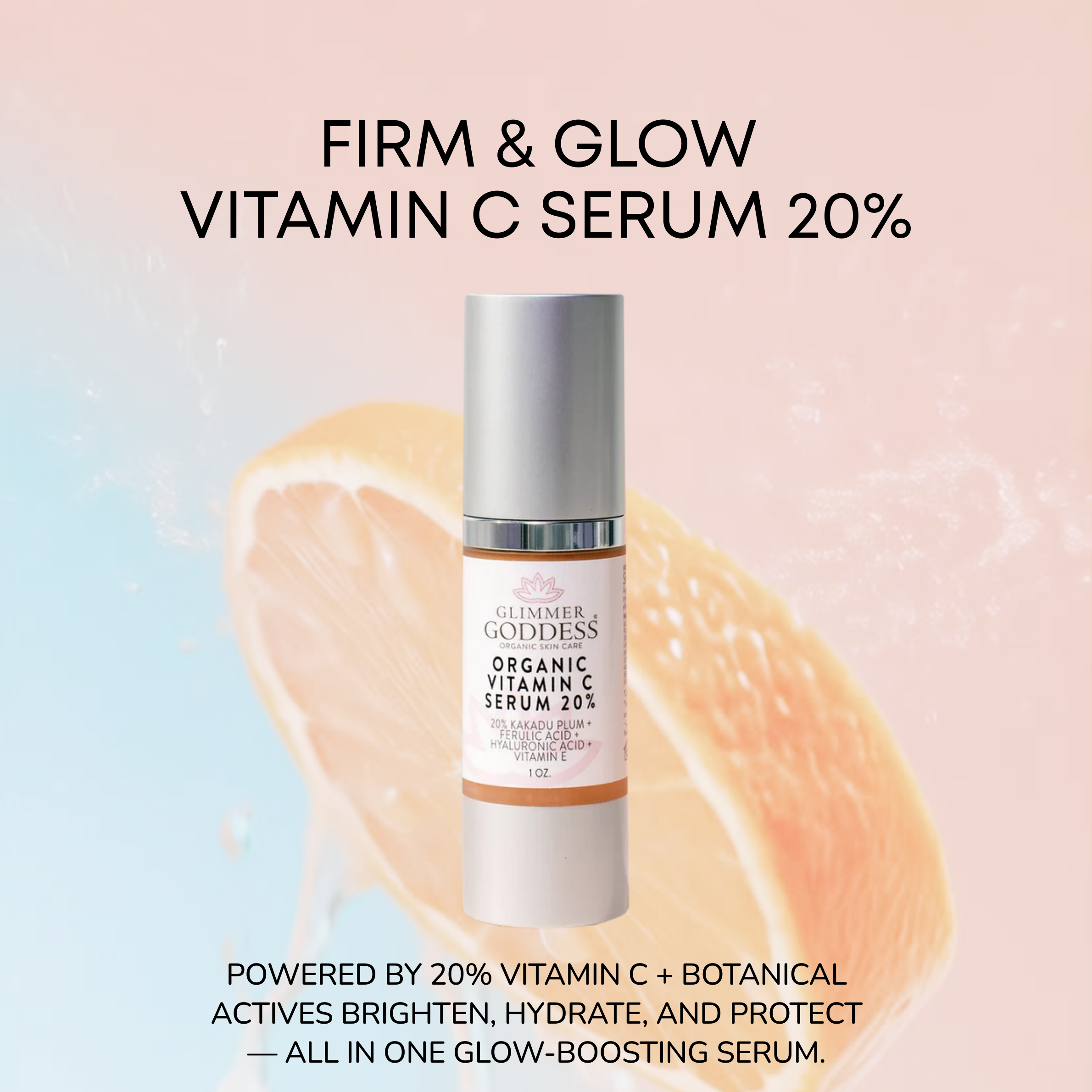 Organic Vitamin C Serum 20% with hyaluronic acid and ferulic acid for anti-aging - Glimmer Goddess® Organic Skin Care