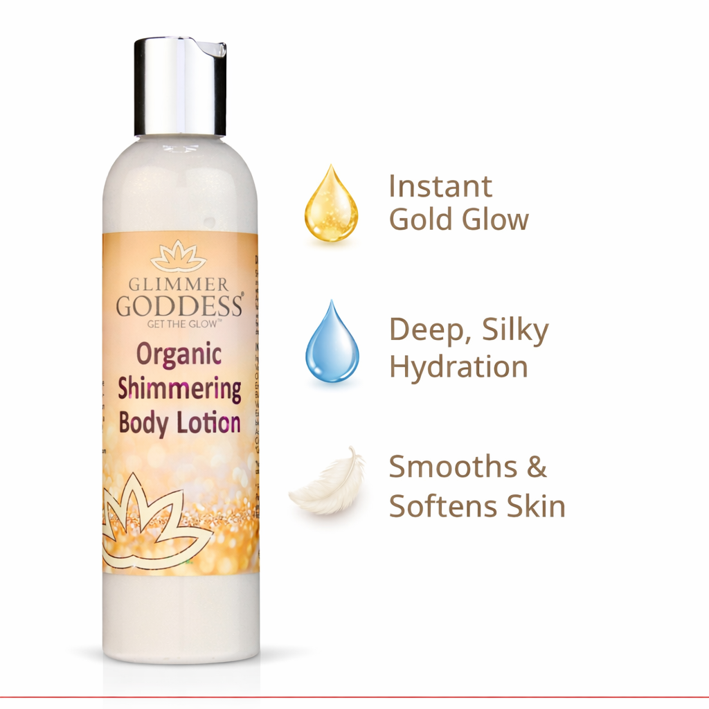 Glimmer Goddess® Organic Gold Shimmer Body Lotion (8 oz) bottle on a pure white background with minimal coral trim, highlighting instant gold glow, deep silky hydration, and smoother softer skin with photorealistic icons.