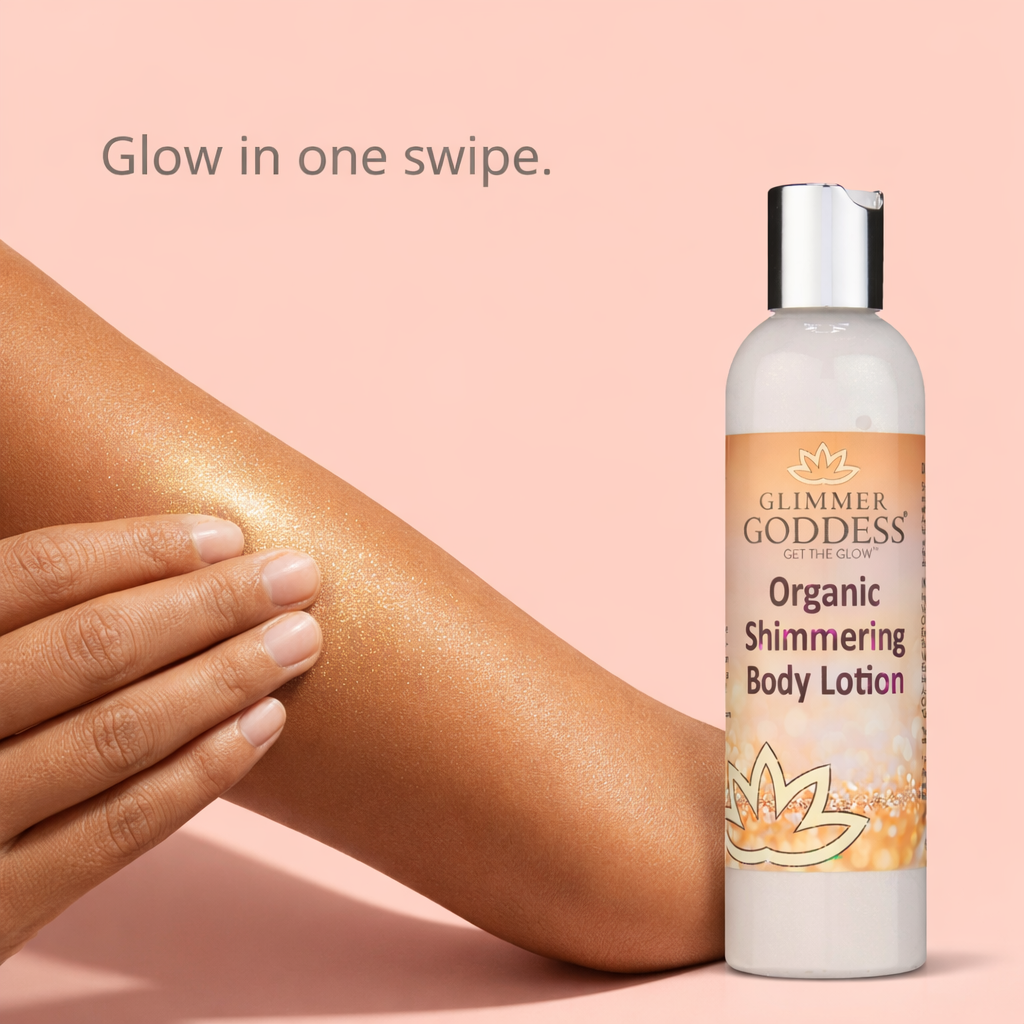 Glimmer Goddess® Organic Gold Shimmer Body Lotion (8 oz) on a solid peach background with a hand applying lotion to forearm, showing a soft golden shimmer glow and the text “Glow in one swipe.”