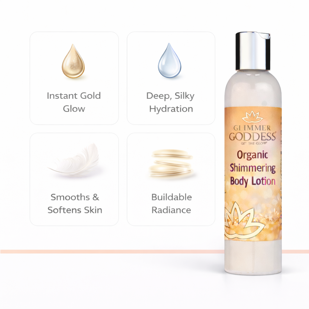 Organic Gold Shimmer Body Lotion by Glimmer Goddess® with luminous, buildable glow and shimmering gold finish on smooth skin.