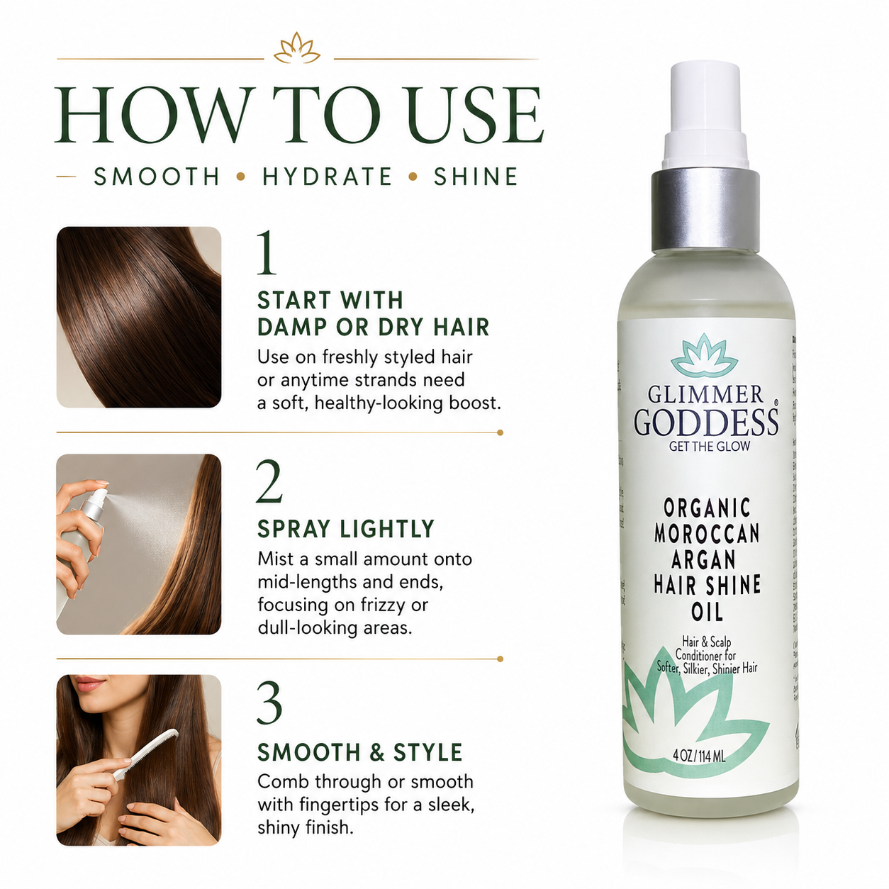 Glimmer Goddess Organic Moroccan Argan Hair Shine Oil bottle shown next to a 'How to Use' guide with three steps and small photos of hair treatment on a white background.