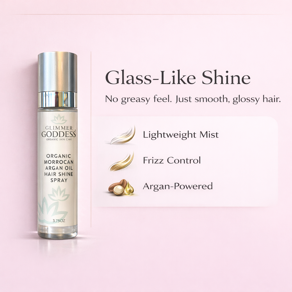 Glimmer Goddess Organic Hair Shine Spray with frizz control and hydrating formula, shown in a sleek spray bottle.