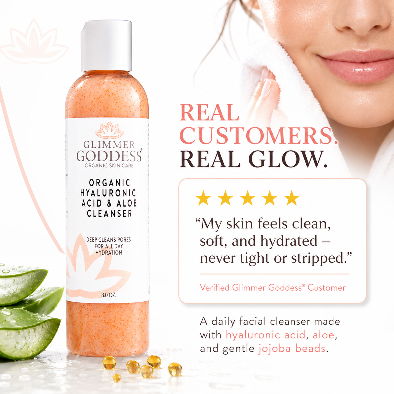 Glimmer Goddess Organic Hydrating Facial Cleanser with exfoliating Jojoba Beads, 8 oz, featuring hyaluronic acid for gentle cleansing.
