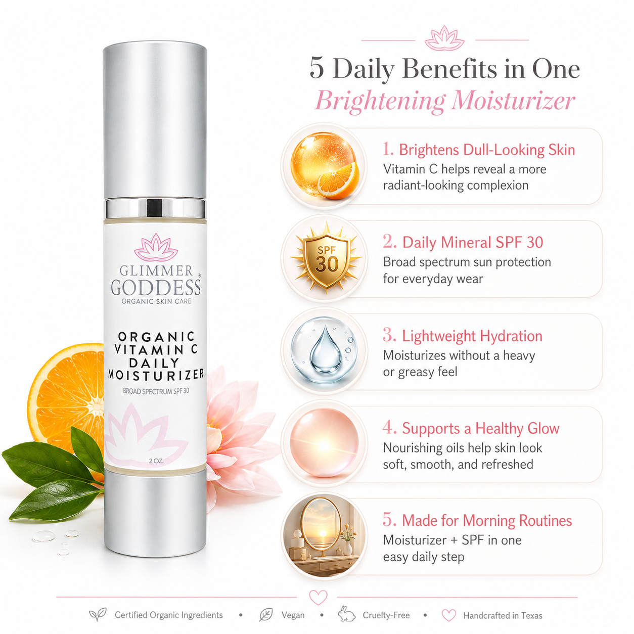 Organic Vitamin C Daily Moisturizer SPF 30 from Glimmer Goddess® Organic Skin Care, featuring a brightening formula in a sleek tube.