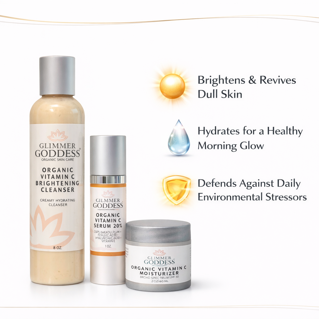 Morning Glow Routine Bundle by Glimmer Goddess featuring Vitamin C cleanser, serum, and moisturizer on a white background with benefits highlighting brightening, hydration, and antioxidant protection.