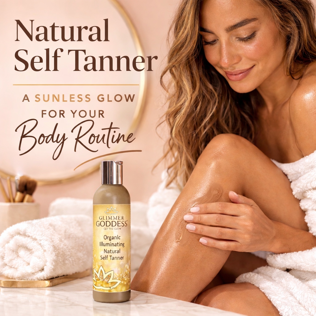 Glimmer Goddess Natural Self Tanner lifestyle image featuring the 8 oz self tanning lotion with a real woman in a refined peach-toned vanity setting, showing a natural sun-kissed body-care routine and premium sunless glow.