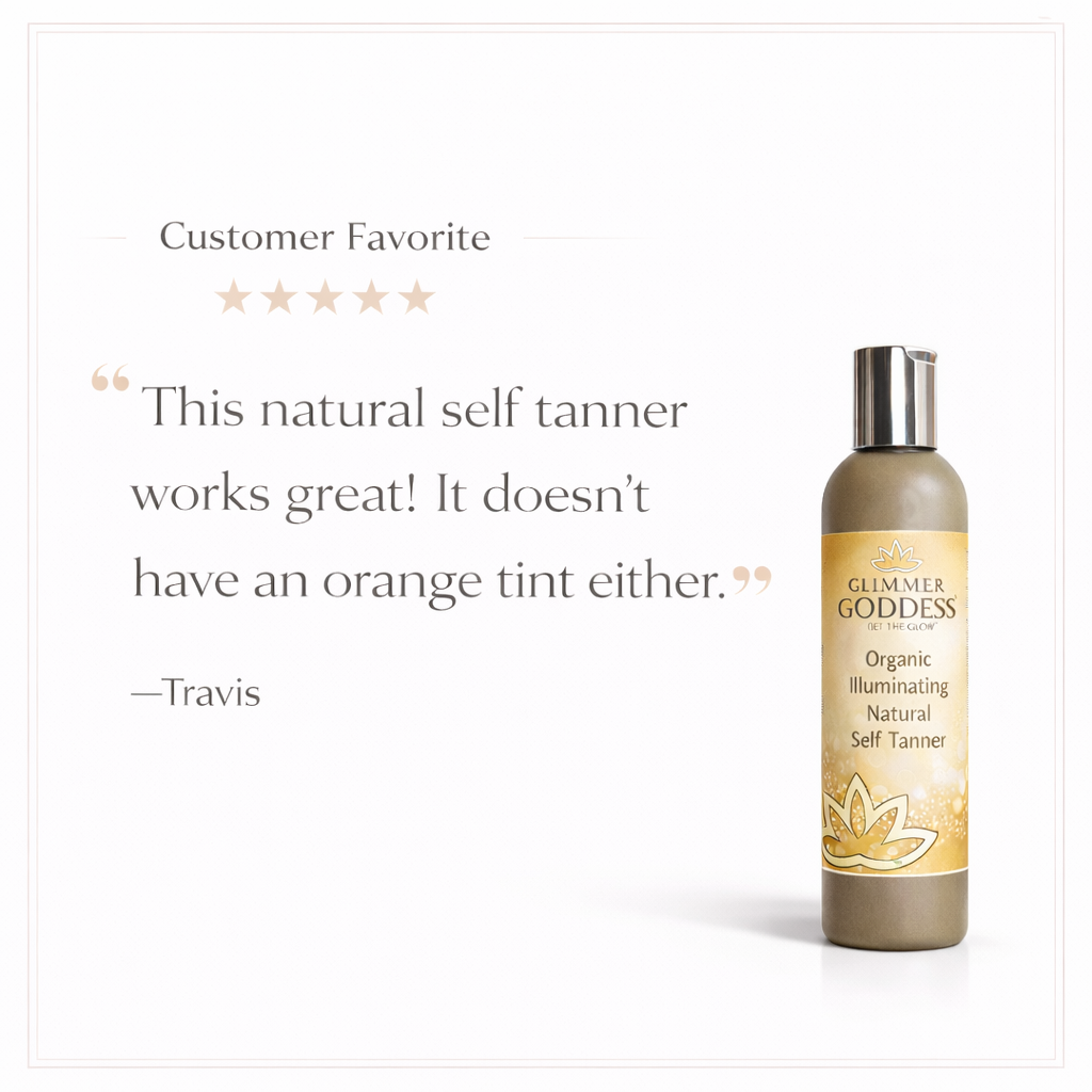 Glimmer Goddess Organic Self Tanner with fast-developing bronze glow, showing the natural application on skin for a sun-kissed look.