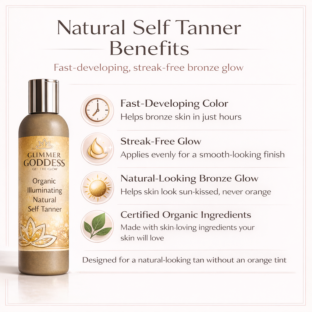 Glimmer Goddess Organic Self Tanner with fast-developing bronze glow, showing a bottle of natural self-tanner on a neutral background.