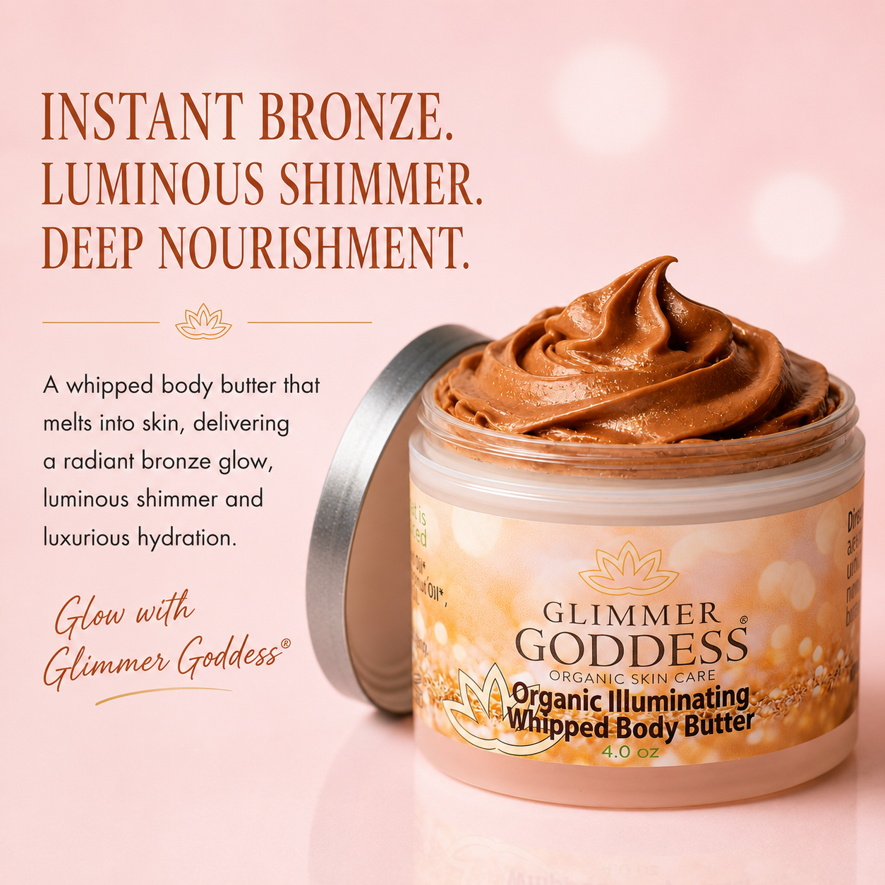 Glimmer Goddess Organic Illuminating Whipped Body Butter in a clear jar with a silver lid, shown next to promotional text on a soft pink background.