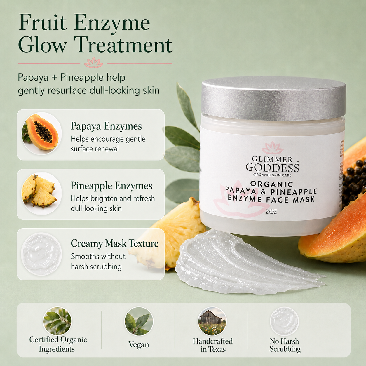 Glimmer Goddess organic papaya and pineapple enzyme face mask in a jar, gentle exfoliating treatment for smooth skin.