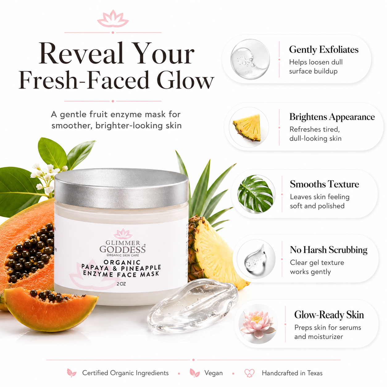 Organic papaya and pineapple enzyme face mask by Glimmer Goddessยฎ for gentle exfoliating skincare treatment.
