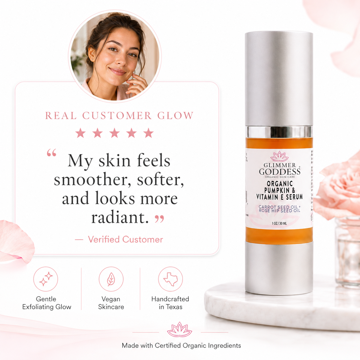 Organic pumpkin enzyme serum by Glimmer Goddess® Organic Skin Care, showing a dropper with vibrant orange serum for exfoliating glow.