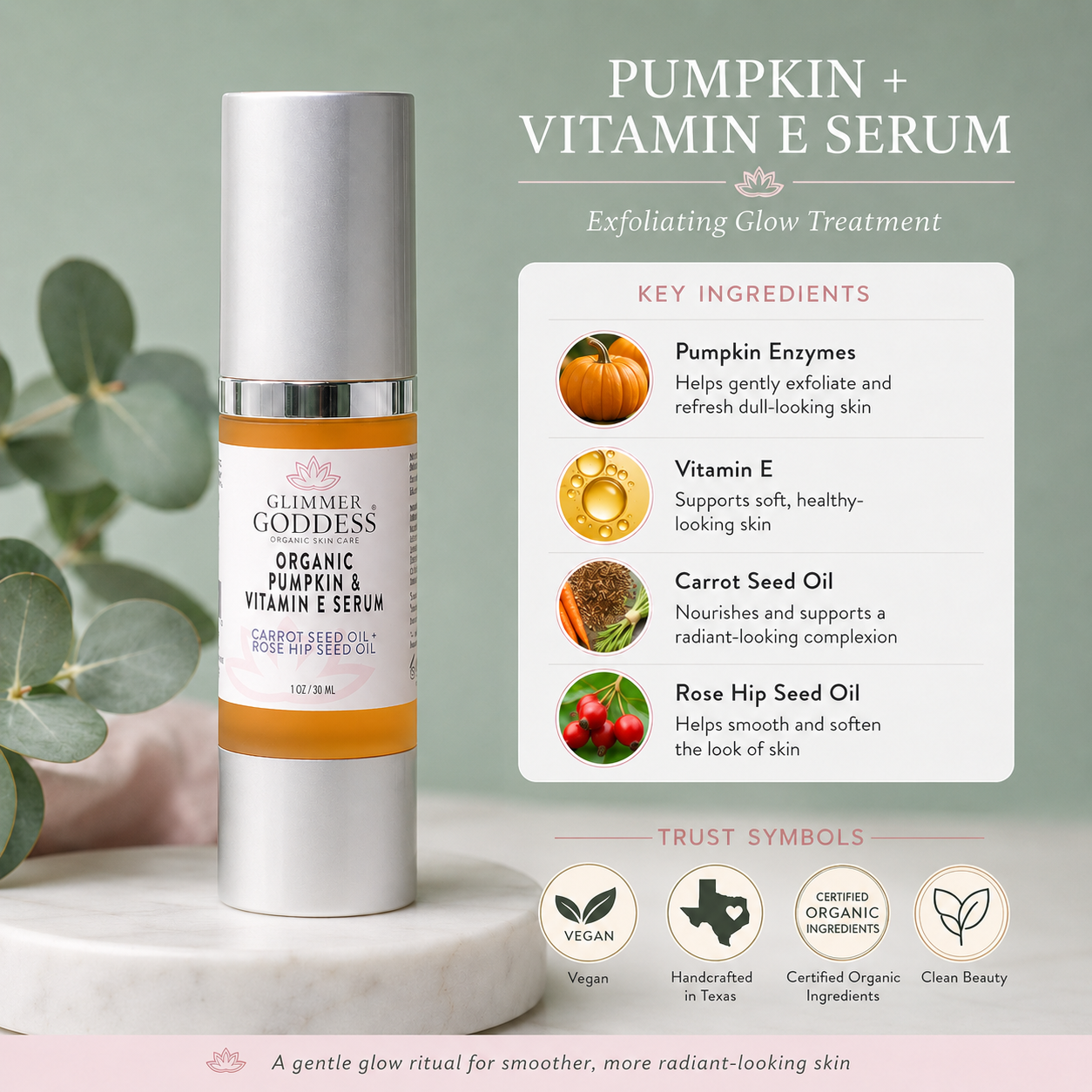 Organic Pumpkin Enzyme Serum by Glimmer Goddess, a natural exfoliating glow treatment in a sleek serum bottle with pumpkin and vitamin E.