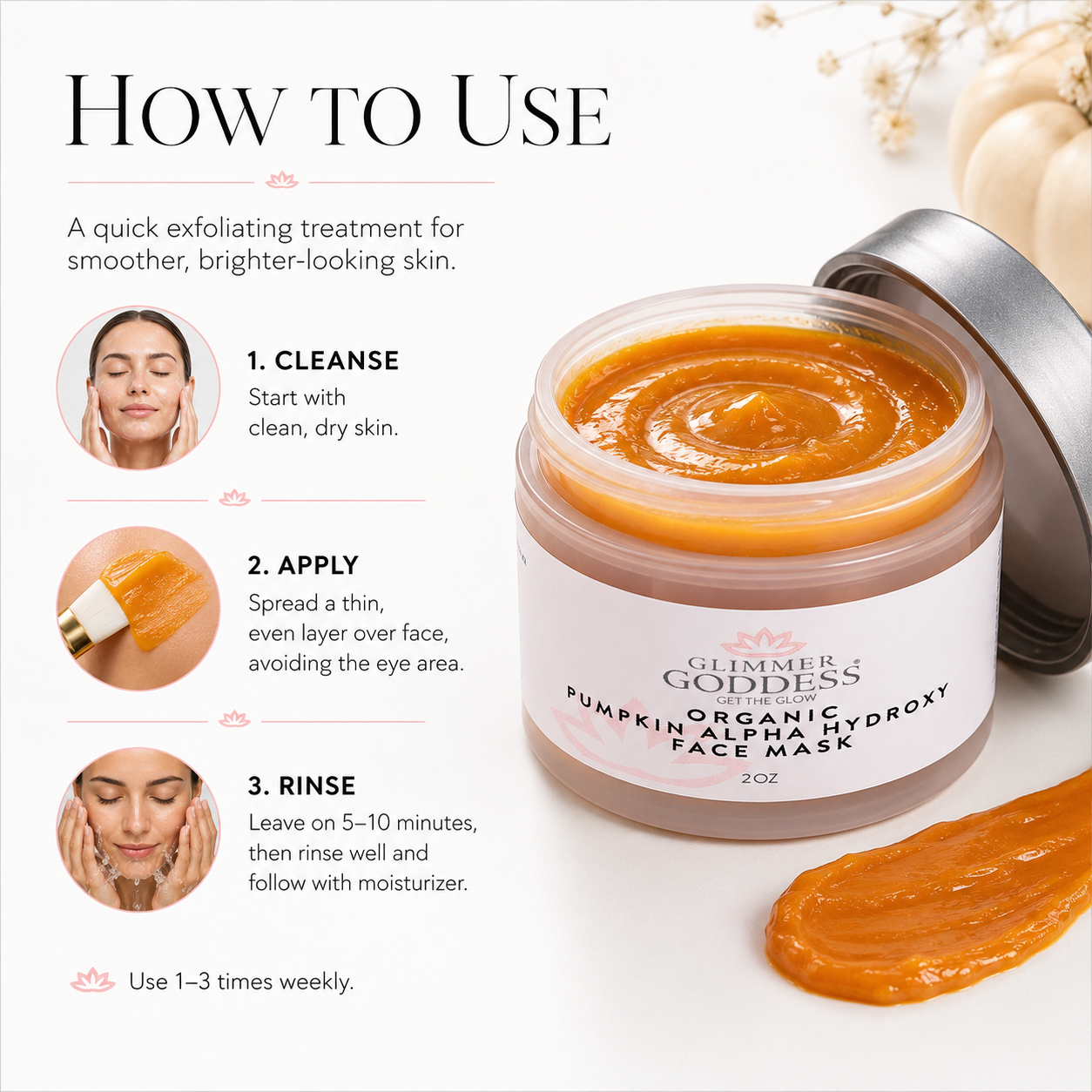 Glimmer Goddess Organic Pumpkin Alpha Hydroxy Face Mask jar shown with its lid off, alongside a dollop of orange mask and a 'How to Use' instruction graphic on a clean white background.