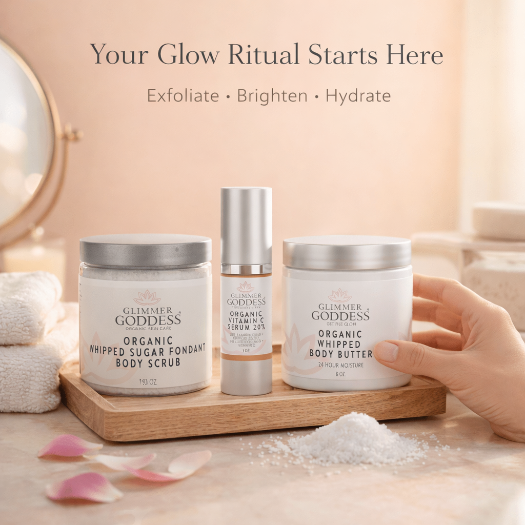 Glimmer Goddess Organic Skin Care Radiance Glow gift set with exfoliating, brightening, and hydrating skincare products in a gift box