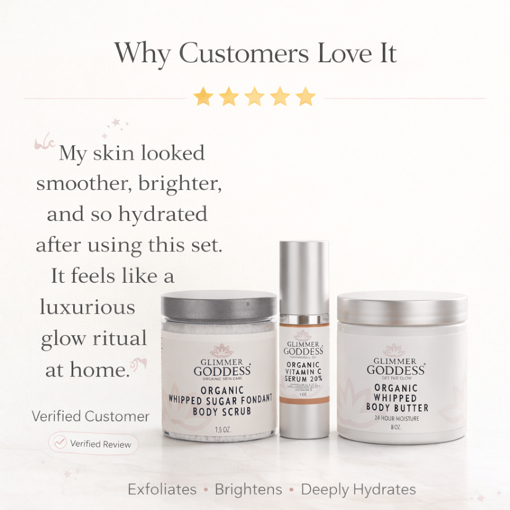 Glimmer Goddess Organic Skin Care Radiance Glow gift set with exfoliating scrub, brightening serum, and hydrating moisturizer in a box