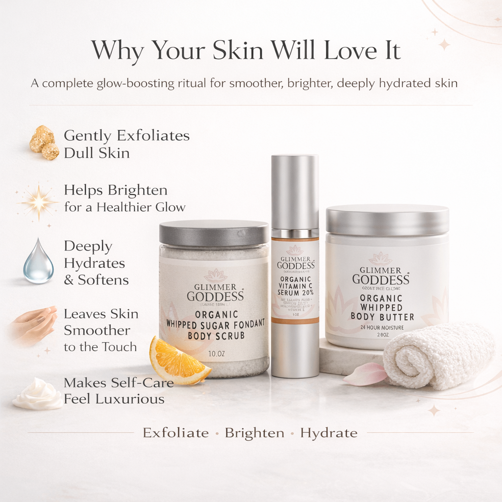 Glimmer Goddess® Organic Skin Care Radiance Glow gift set with exfoliating, brightening, and hydrating skincare products in a gift box.
