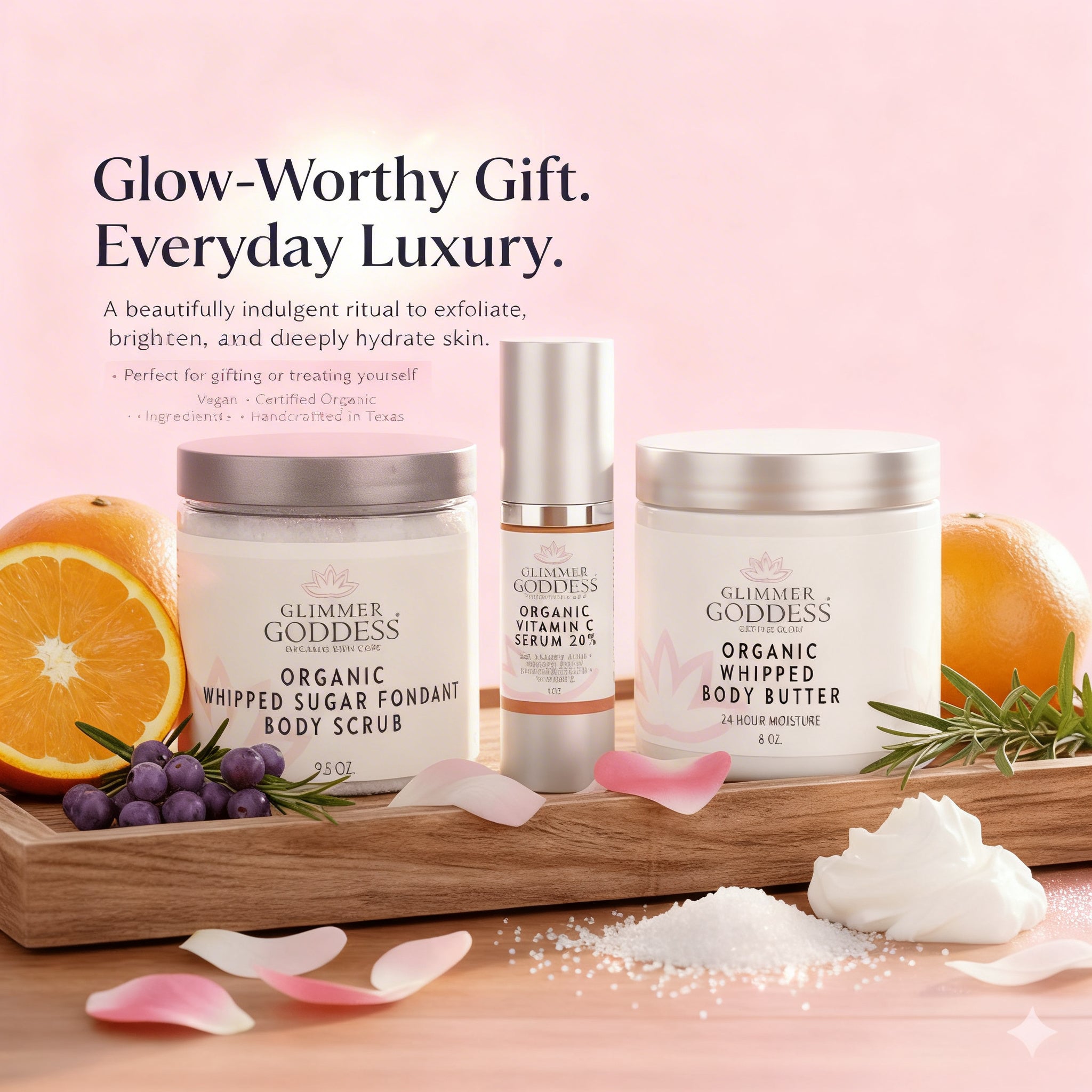 Glimmer Goddess® Radiance Glow organic skincare gift set with exfoliating, brightening, and hydrating products in a gift pack.