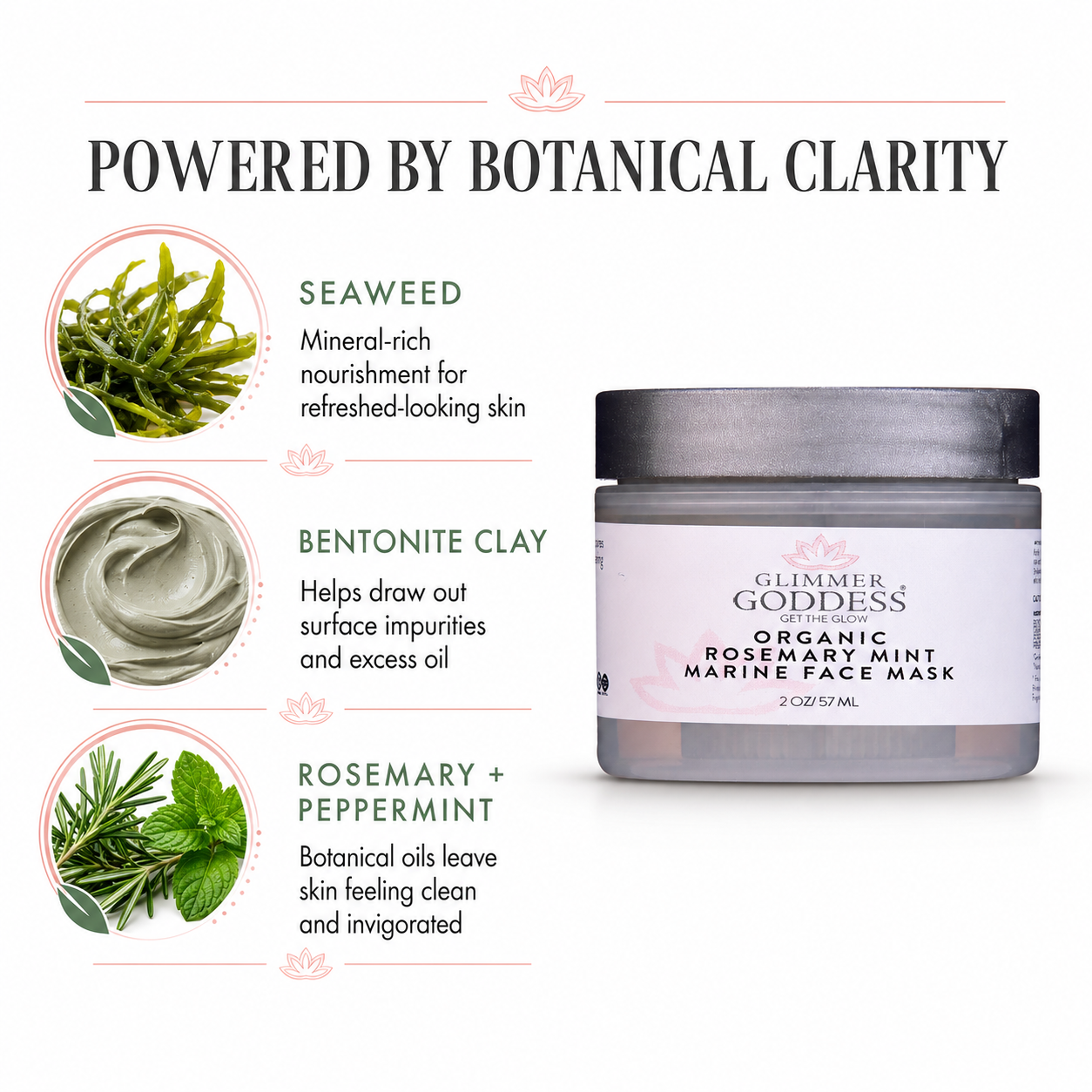 Glimmer Goddess Organic Rosemary Mint Marine Face Mask jar shown on a white background with three botanical ingredient callouts: seaweed, bentonite clay, and rosemary + peppermint. Text at the top reads 'POWERED BY BOTANICAL CLARITY'.
