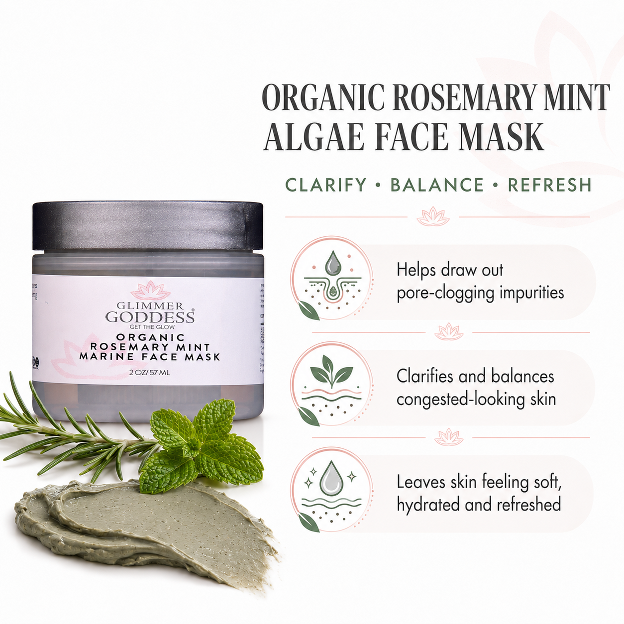 Glimmer Goddess Organic Rosemary Mint Marine Face Mask jar shown on a white background with rosemary sprig, mint leaves, and a smear of gray mask, plus text describing benefits.