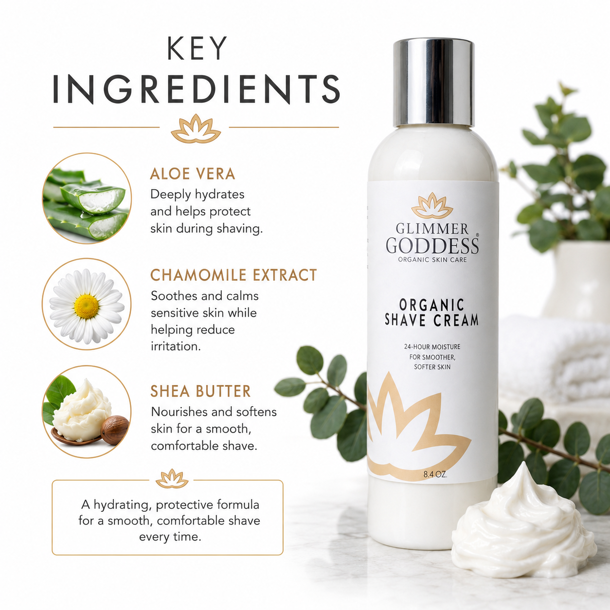 Glimmer Goddess Organic Shave Cream bottle shown on a clean white background with ingredient callouts for aloe vera, chamomile extract, and shea butter, plus a dollop of cream and greenery.