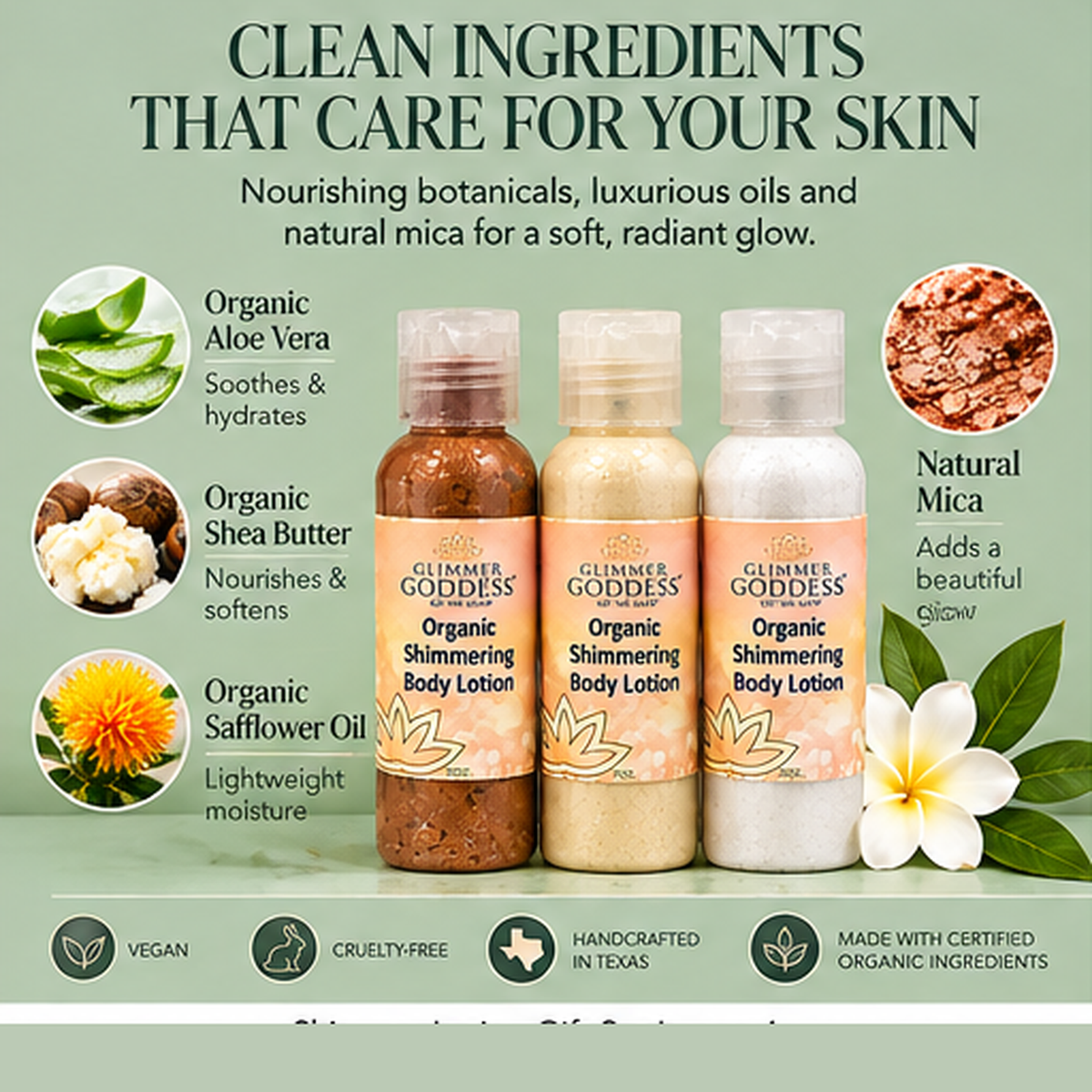 Glimmer Goddess Shimmer Lotion Gift Set ingredient infographic featuring aloe vera, shea butter, safflower oil and natural mica.