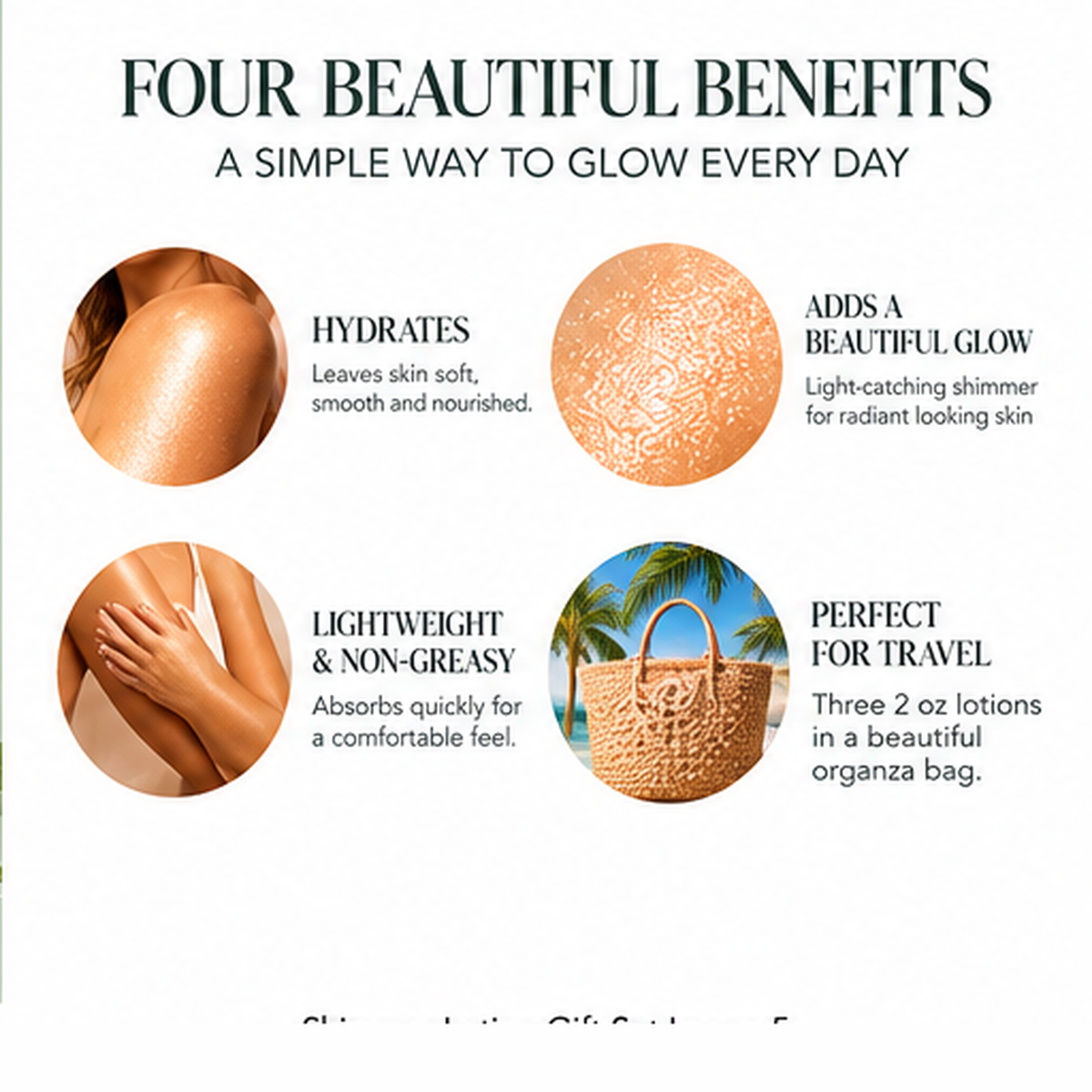 Glimmer Goddess Shimmer Lotion Gift Set benefits infographic for hydration, radiant shimmer, lightweight feel and travel gifting.