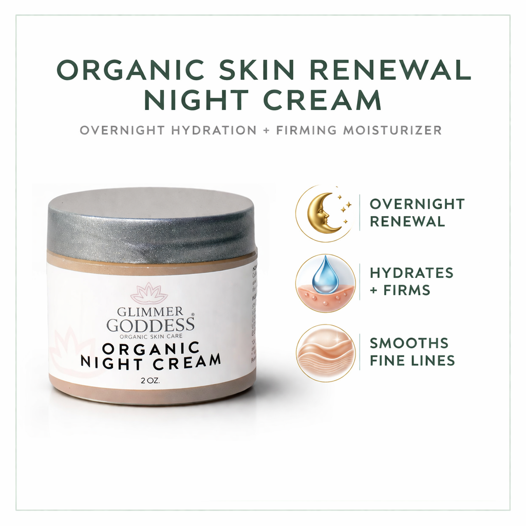 Glimmer Goddess Organic Skin Renewal Night Cream in 2 oz jar, natural anti-aging moisturizer for revitalized, youthful skin.