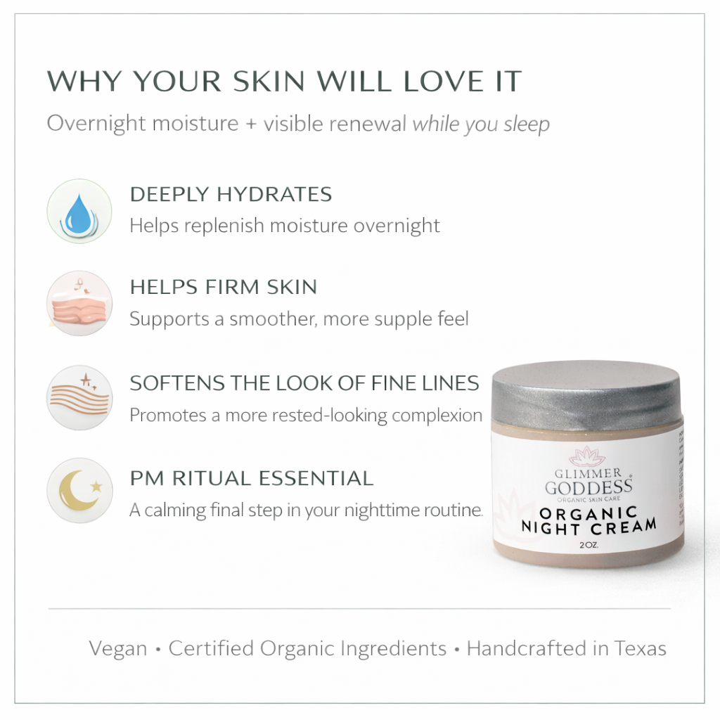 Glimmer Goddess Organic Skin Renewal Night Cream in 2 oz jar, anti-aging moisturizer for rejuvenating night skincare.