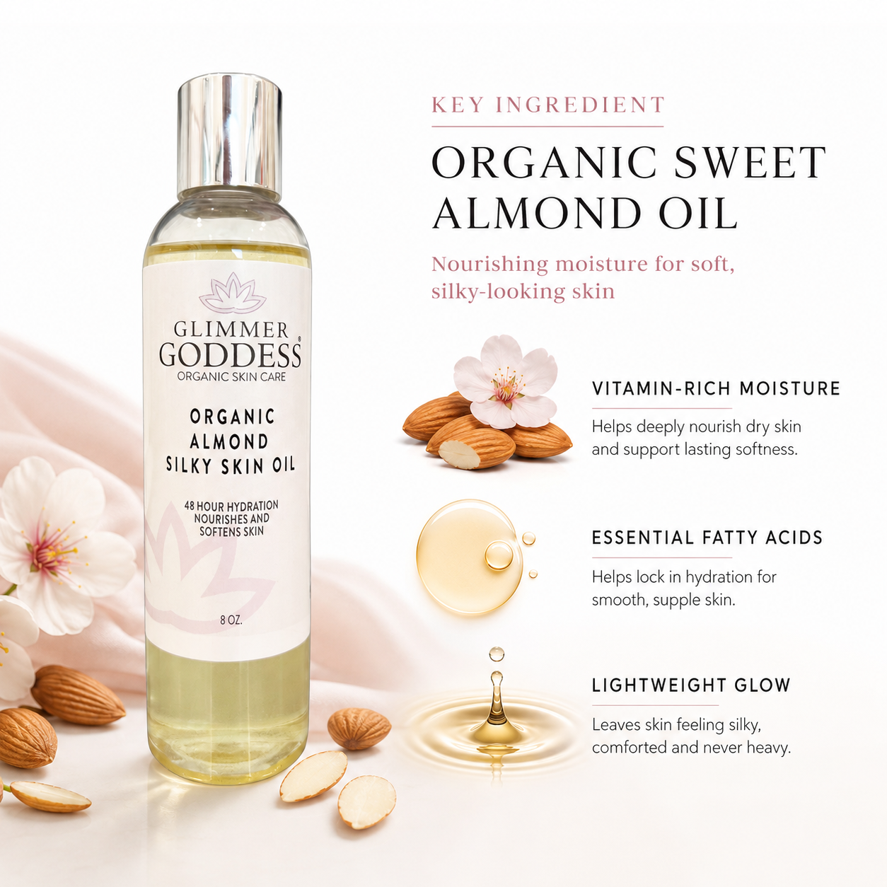 Glimmer Goddess Organic Skin Care Organic Almond Silky Skin Oil bottle shown on a clean white background with decorative almonds, blossoms, and text highlighting key ingredients and benefits.